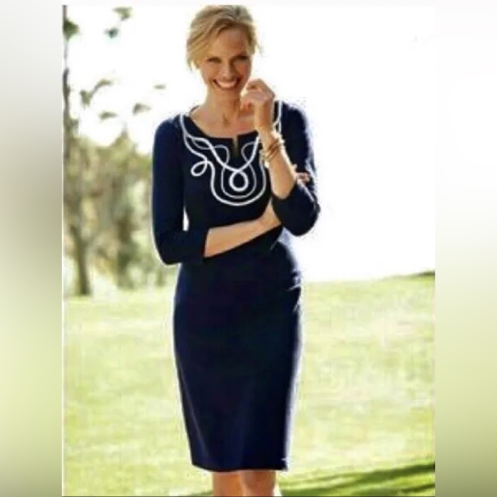 Talbots Knit Sheath Dress Navy Blue White Rope Size M Nautical 3/4 Sleeves